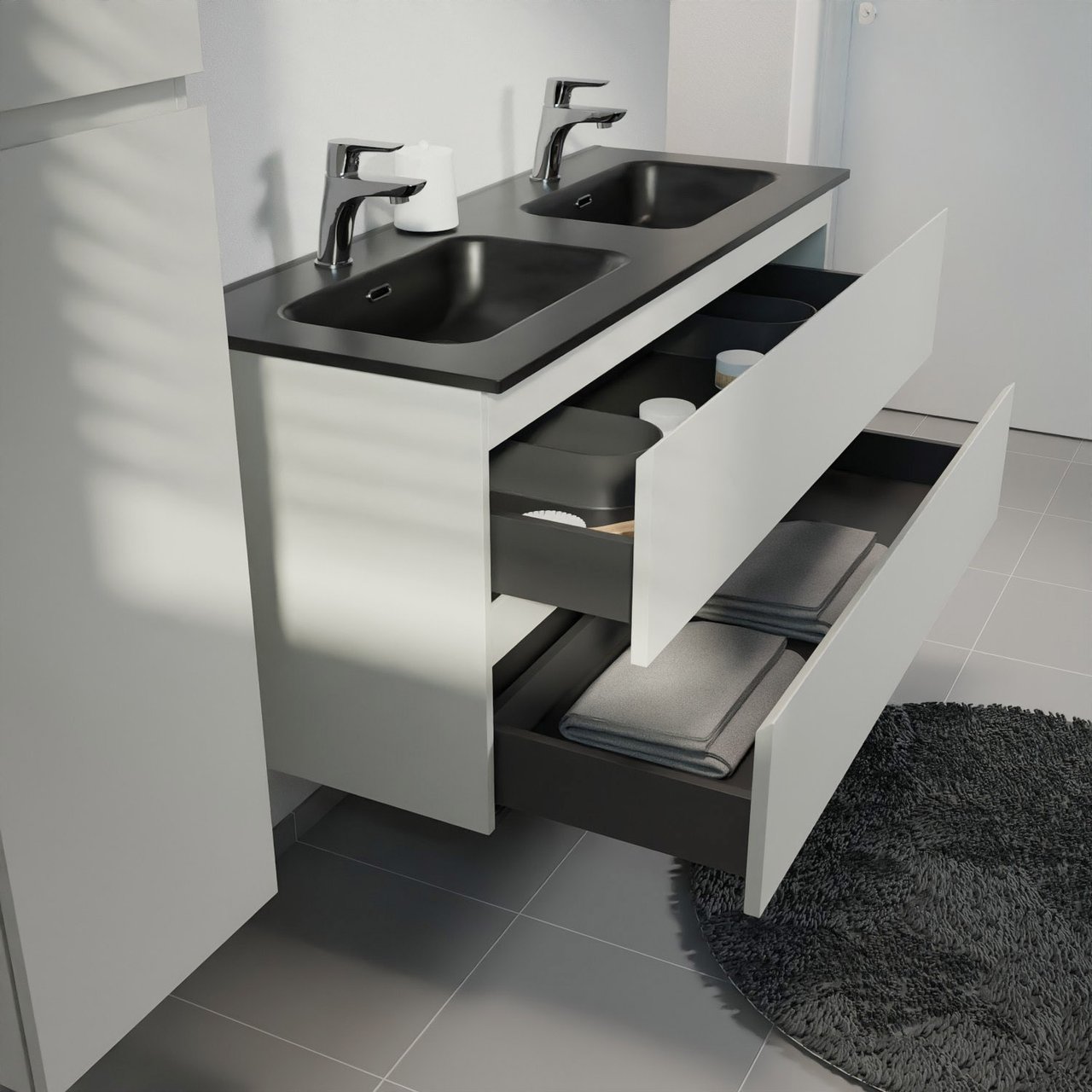 Linie Lado meuble salle de bains suspendu 120 x 46 cm greige avec Baro double vasque en porcelaine noir mat