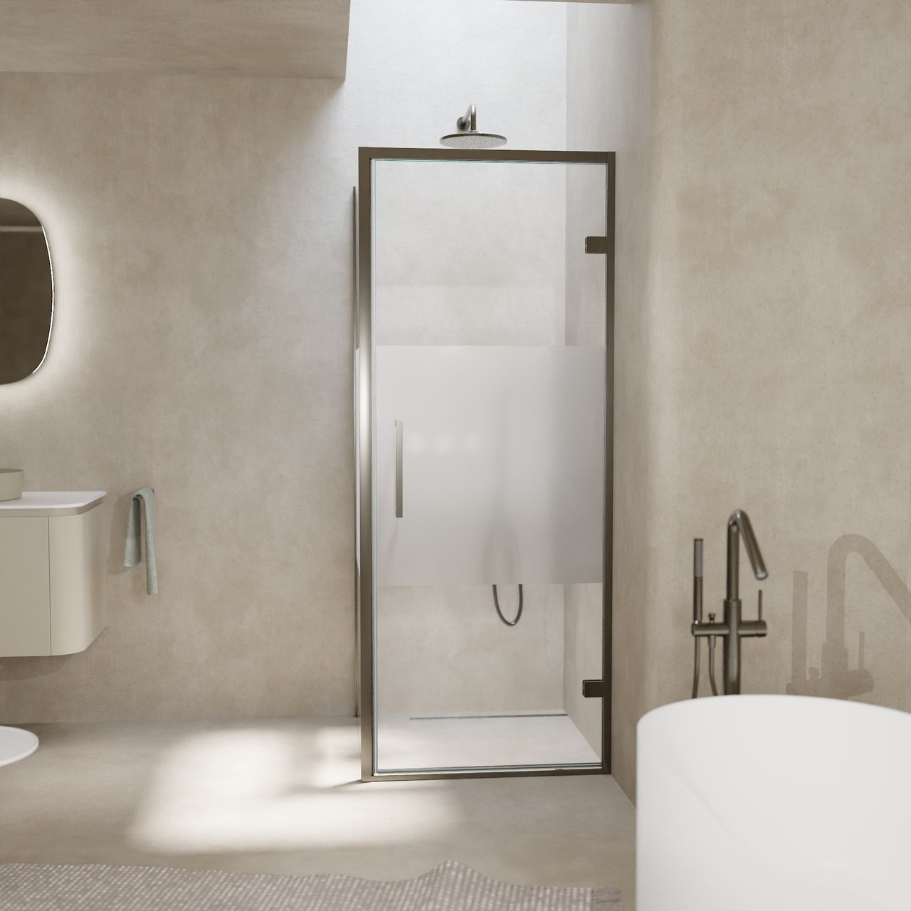 Balmani Senses Design douchecabine met rechtse draaideur en vaste zijwand, 90 x 100 cm, Helder glas met matte strook, Brushed GunMetal profielen