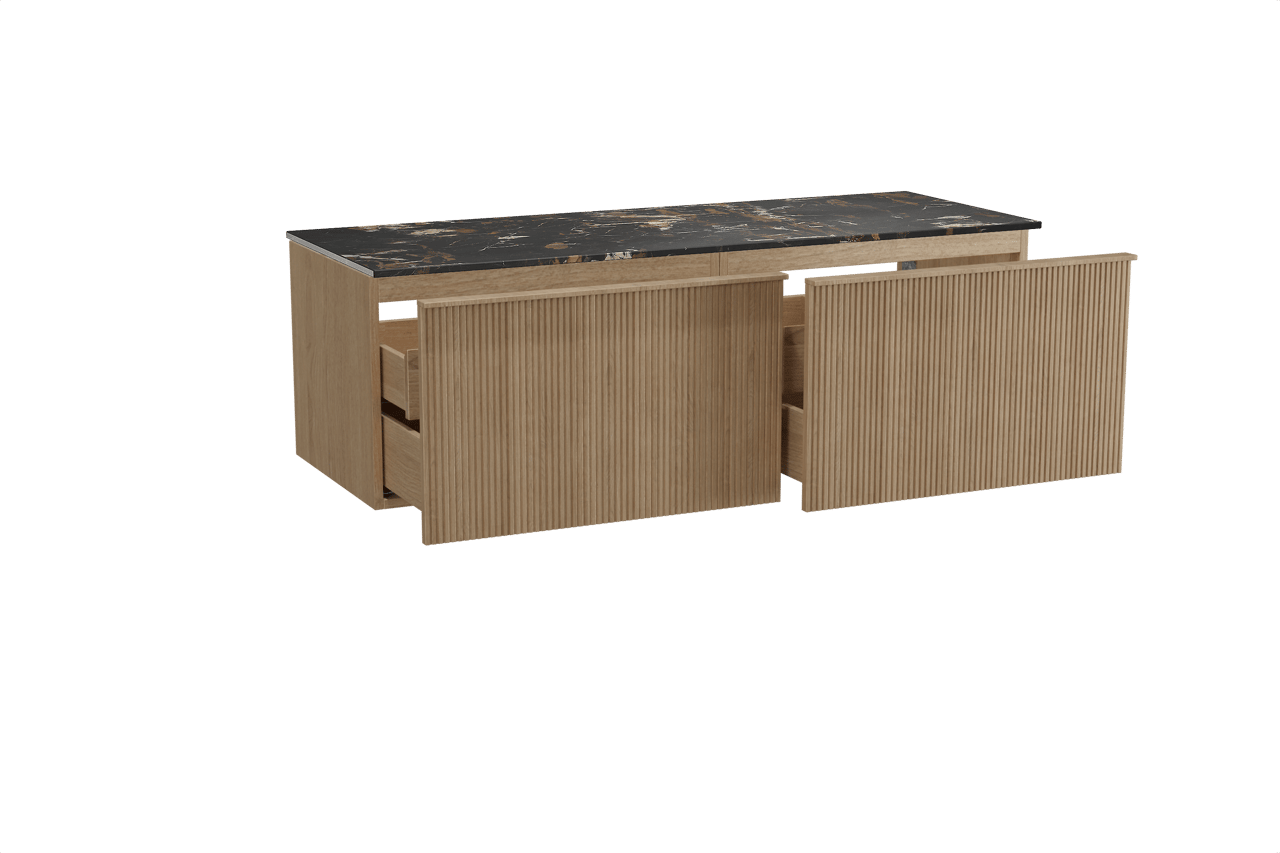 Balmani Forma meuble salle de bains suspendu 150 x 55 cm chêne naturel avec Stretto tablette simple ou double en marbre portoro gold, Nervure droite symétrique verticale