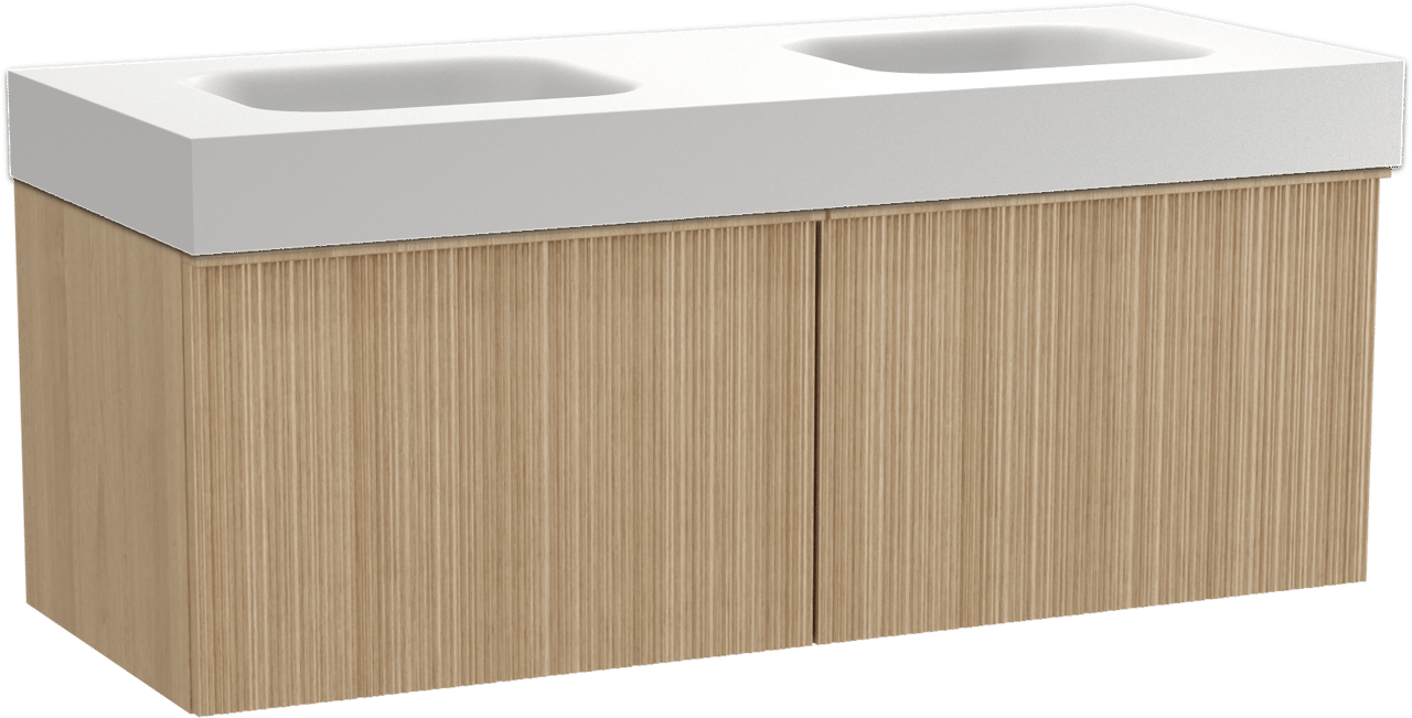 Balmani Forma zwevend badkamermeubel 135 x 55 cm natuur eik met Arcato dubbele wastafel in solid surface mat wit, Verticale asymmetrische ronde ribbel