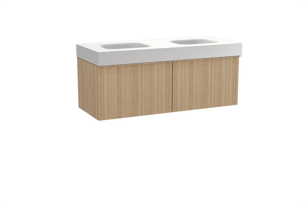 Balmani Forma zwevend badkamermeubel 135 x 55 cm natuur eik met Arcato dubbele wastafel in solid surface mat wit, Verticale asymmetrische ronde ribbel