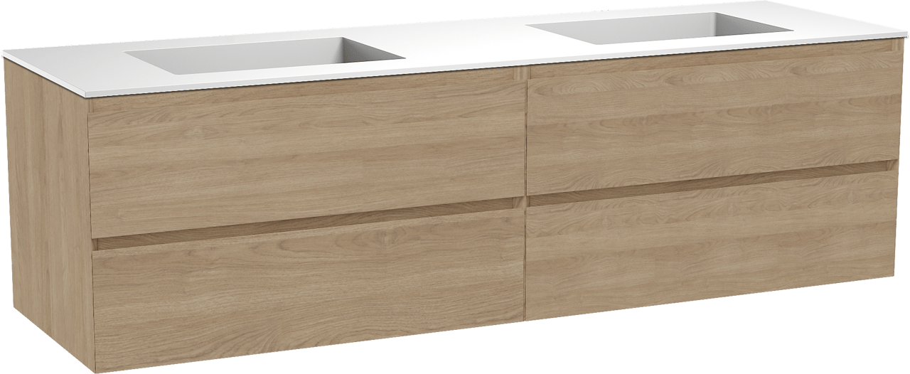 Balmani Mitra zwevend badkamermeubel 180 x 55 cm natuur eik met Tablo Stretto dubbele wastafel in solid surface mat wit