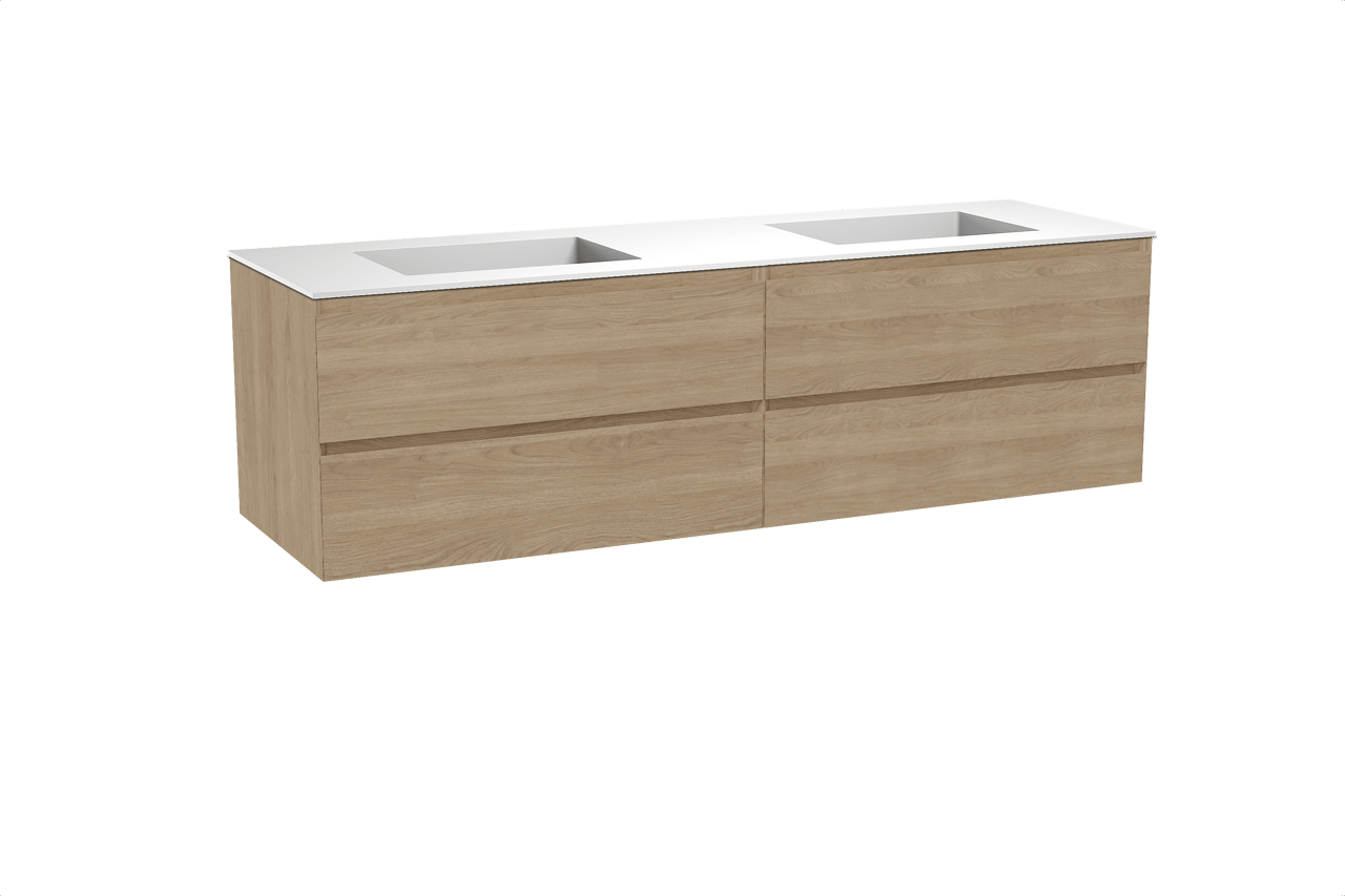 Balmani Mitra meuble salle de bains suspendu 180 x 55 cm chêne naturel avec Tablo Stretto double vasque en solid surface blanc mat