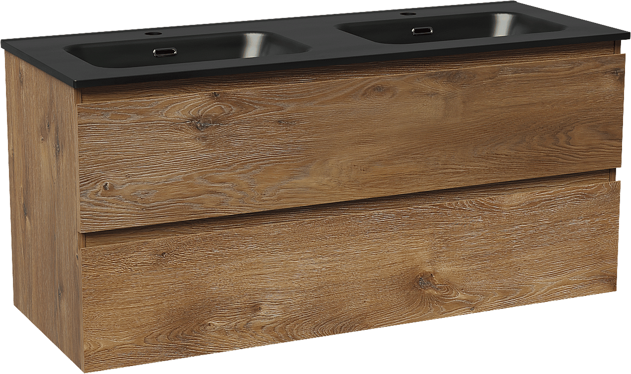 Linie Lado meuble salle de bains suspendu 120 x 46 cm chêne brun avec Baro double vasque en porcelaine noir mat