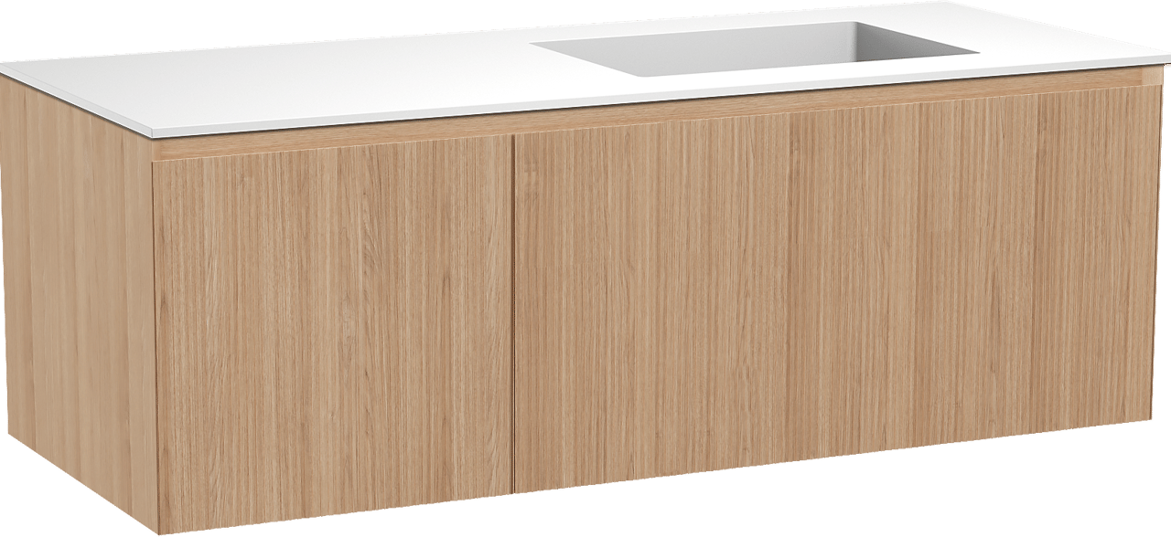 Balmani Fila zwevend badmeubel 135 x 55 cm naturel eiken met Tablo Stretto asymmetrisch rechtse wastafel in solid surface mat wit, Verticale symmetrische rechte ribbel