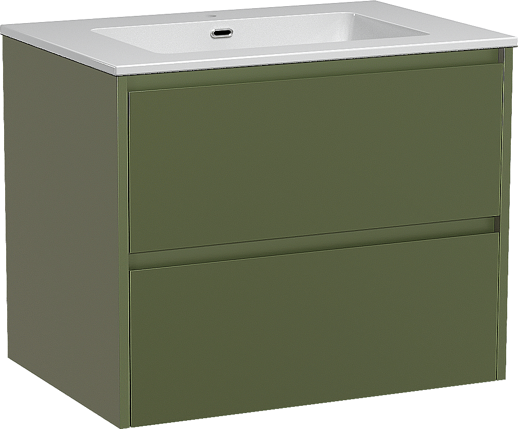 Storke Seda zwevend badmeubel 75 x 52 cm olijfgroen met Diva enkele wastafel in composietmarmer hoogglans wit
