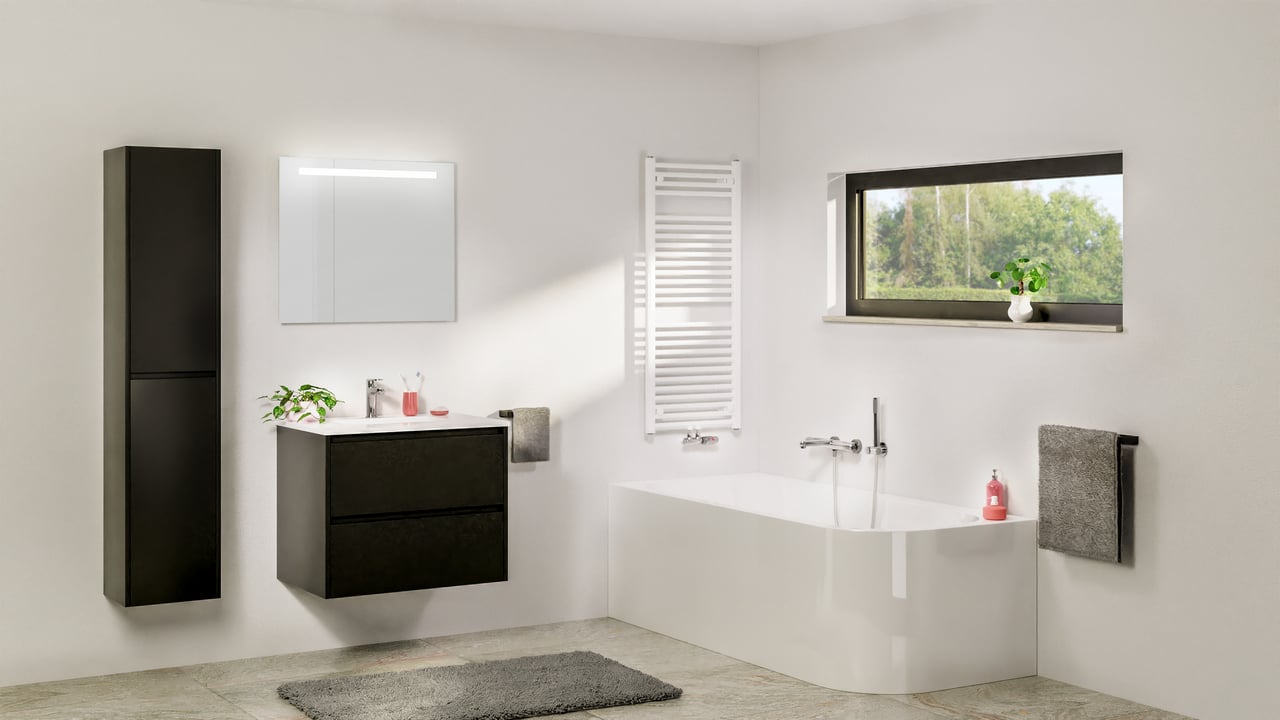 Storke Seda hängender Waschbeckenunterschrank: 75 x 52 cm, Schwarz Matt, 2 Schubladen