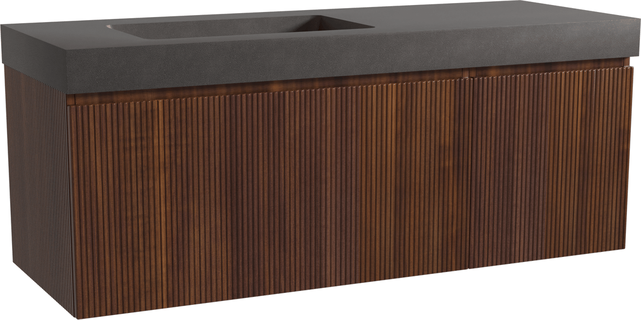 Storke Ribs zwevend badmeubel 140 x 52 cm notenhout met Scuro High asymmetrisch linkse wastafel in kwarts mat zwart, Verticale symmetrische rechte ribbel