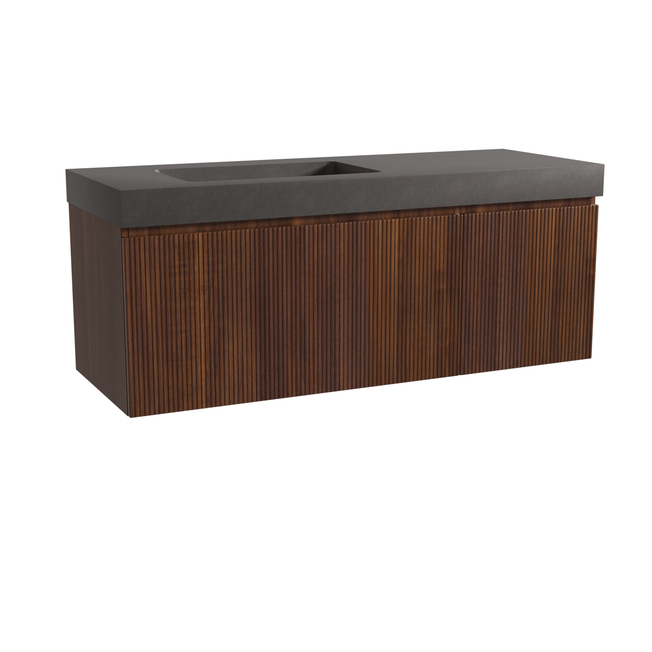 Storke Ribs meuble salle de bains suspendu 140 x 52 cm noyer avec Scuro High vasque asymétrique gauche en quartz noir mat, Nervure droite symétrique verticale