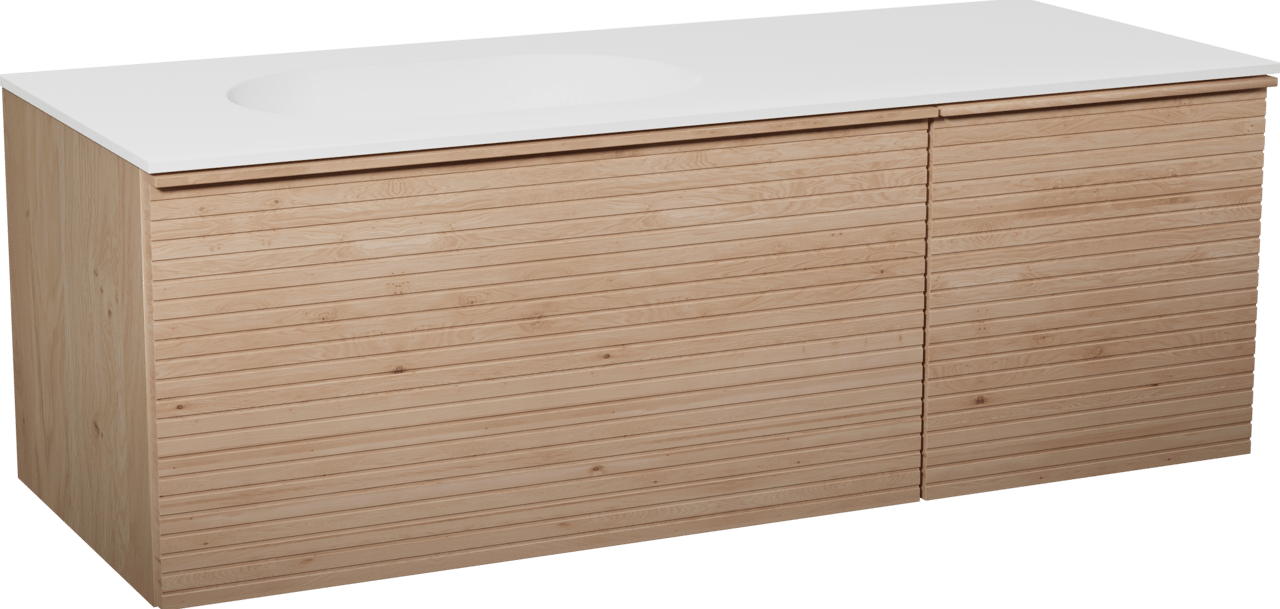 Balmani Forma hängendes Möbelstück Set: 135 x 55 cm, Naturbelassene Eiche, mit Tablo Oval Waschtisch links, Solid Surface, Weiß matt, Horizontale symmetrische gerade Rippe