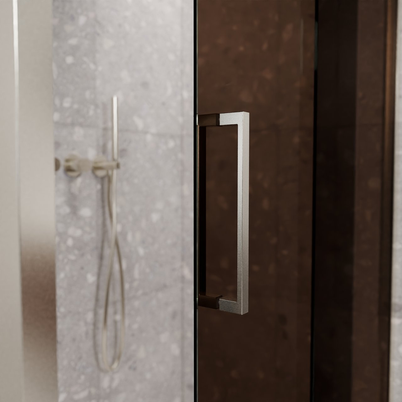 Balmani Senses Design douche en coin avec porte coulissante à droite et paroi latérale fixe, 120 x 80 cm, Bronze, Profil Brushed CoolMetal