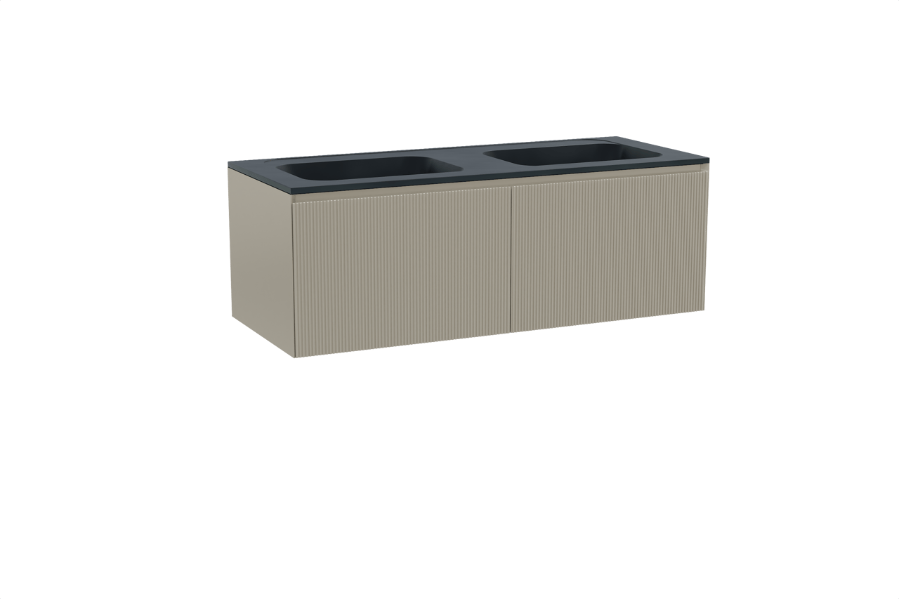 Balmani Fila hängendes Möbelstück Set: 135 x 55 cm, Steingrau, mit Tablo Strada Doppelwaschtisch, Marmorkomposit, Schwarz matt, Vertikale symmetrische gerade Rippe