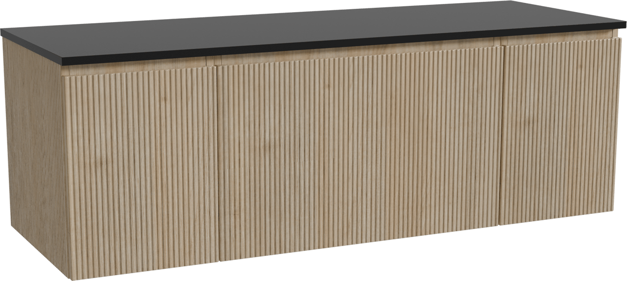 Storke Ribs zwevend badmeubel 145 x 52 cm ruw eiken met Panton enkel of dubbel wastafelblad in gepoedercoate mdf mat zwart, Verticale symmetrische rechte ribbel
