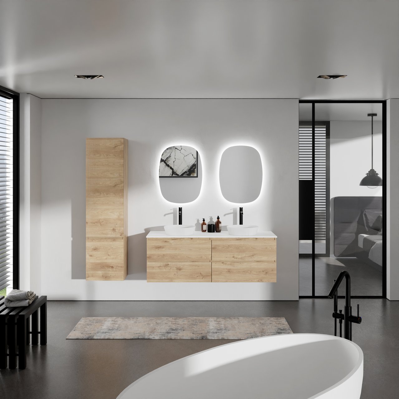 Balmani Lucida hängendes Möbelstück Set: 150 x 55 cm, Rohe Eiche, mit Stretto Einzel- oder Doppel Waschtischplatte, Solid Surface Weiß matt