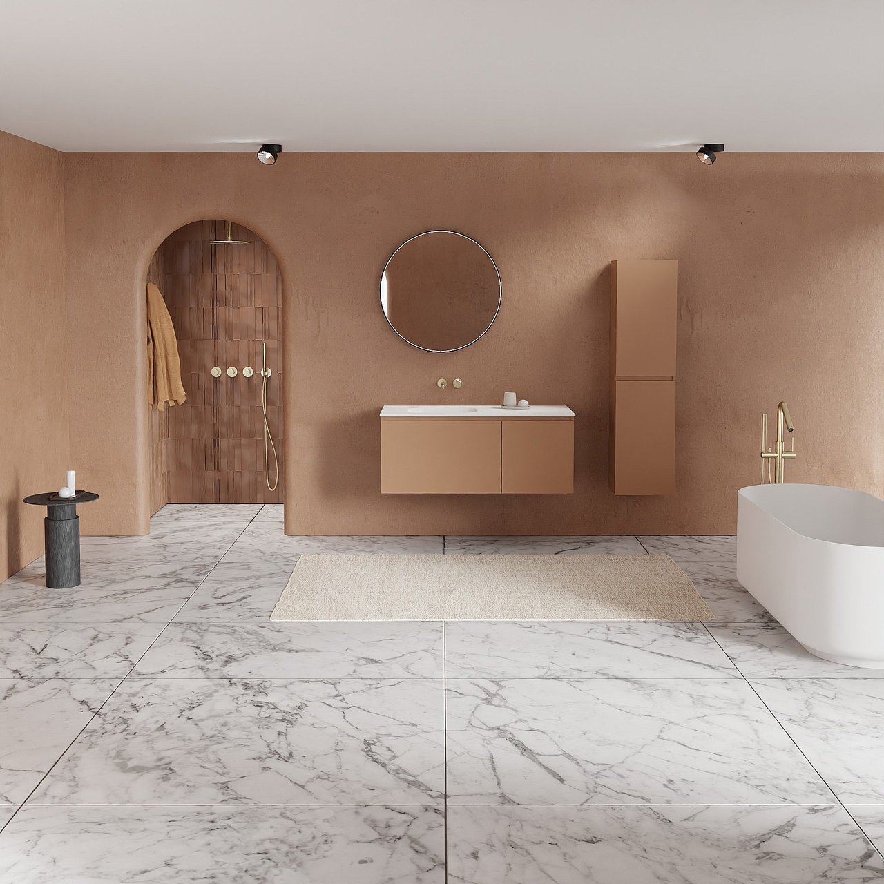 Balmani Sfera hängendes Möbelstück Set: 120 x 55 cm, Cotto, mit Tablo Arcato Waschtisch links, Solid Surface Weiß matt