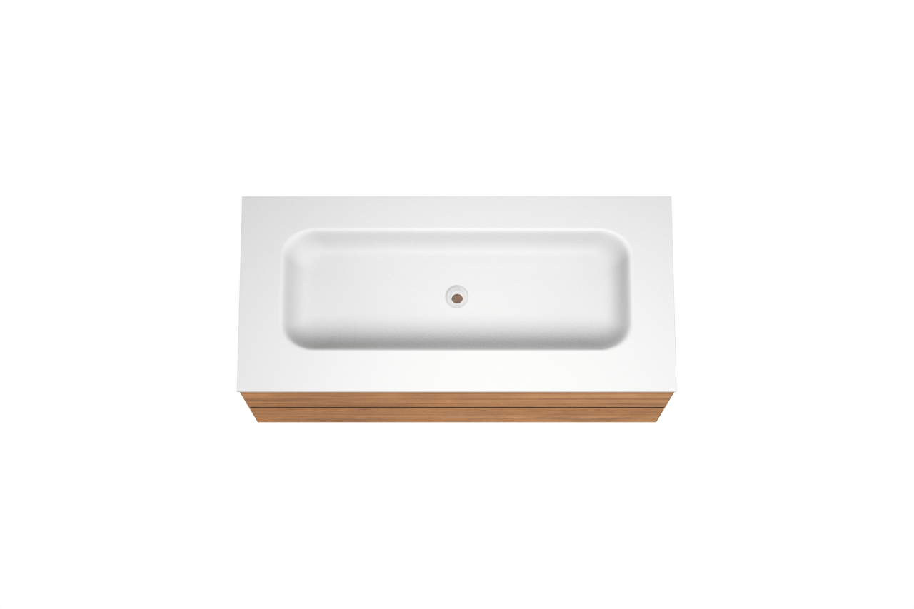 Balmani Mitra hängendes Möbelstück Set: 120 x 55 cm, Teak, mit Tablo Arcato Einzelwaschtisch für 2 Armaturenlöcher, Solid Surface Weiß matt