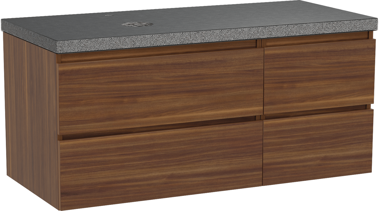 Balmani Lucida hängendes Möbelstück Set: 120 x 55 cm, Amerikanischer Nussbaum, mit Rock Waschtisch links, Schwarzes Granit