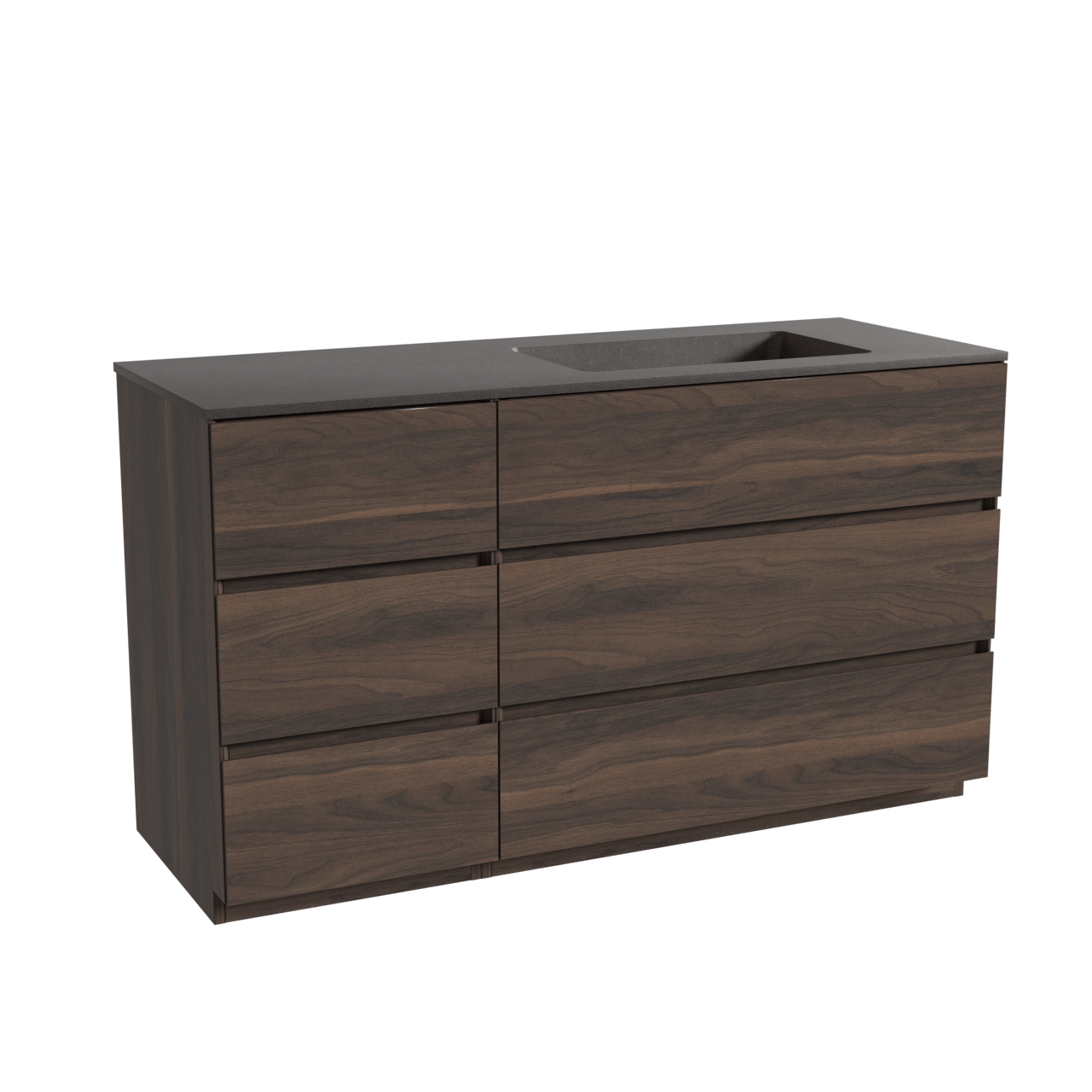 Storke Edge staand badkamermeubel 140 x 52 cm notelaar met Scuro asymmetrisch rechtse wastafel in kwarts mat zwart