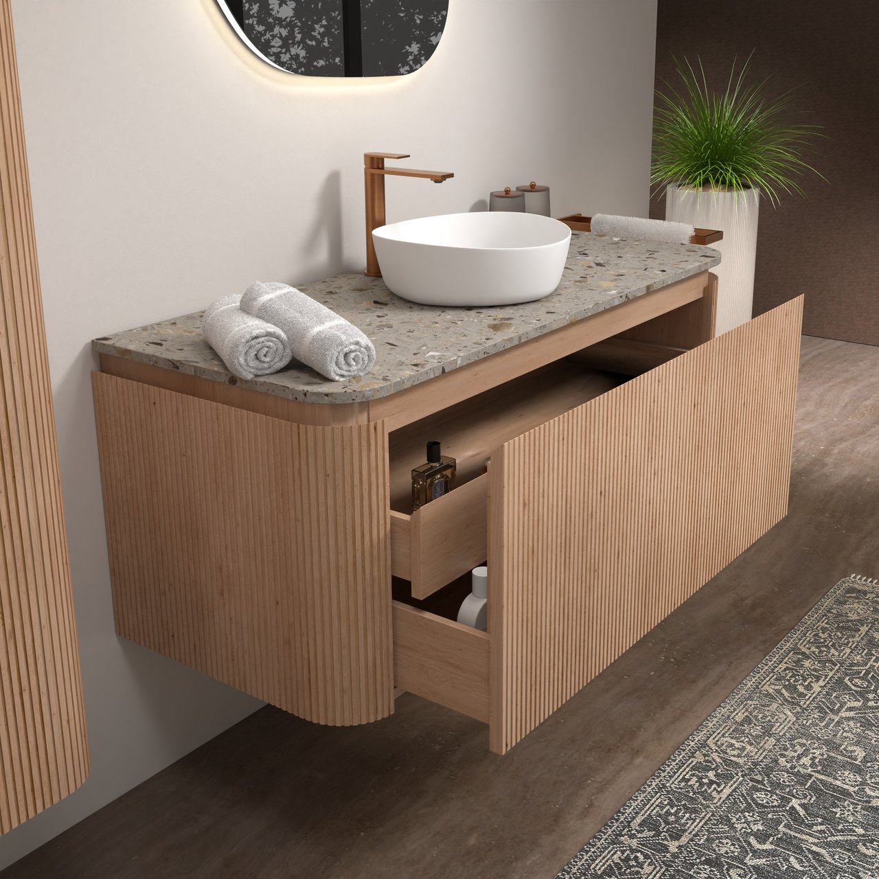 Balmani Moon hängendes Möbelstück Set: 130 x 55 cm, Naturbelassene Eiche, mit Moon Einzel- oder Doppel Waschtischplatte, Terrazzo in Greige, Vertikale symmetrische gerade Rippe