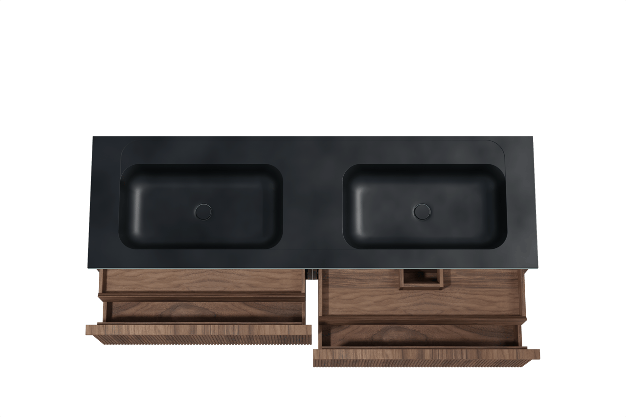 Balmani Forma meuble salle de bains suspendu 180 x 55 cm noyer américain avec Tablo Strada double vasque en marbre composite noir mat, Nervure droite symétrique verticale