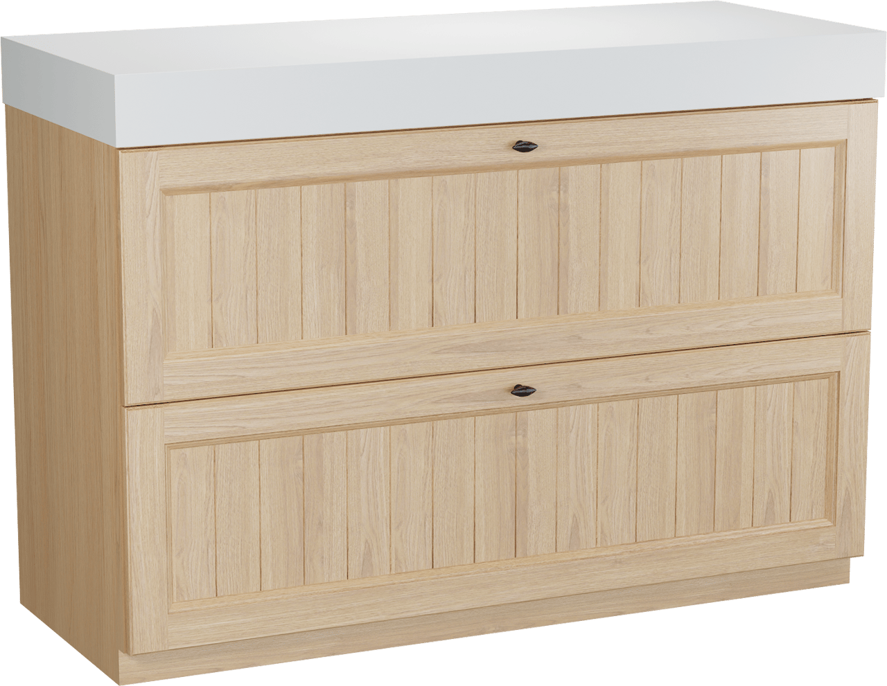 Balmani Lemon freistehendes Möbelstück Set: 135 x 55 cm, Naturbelassene Eiche Furnier, mit Dominus Einzel- oder Doppel Waschtischplatte, Weiß matt