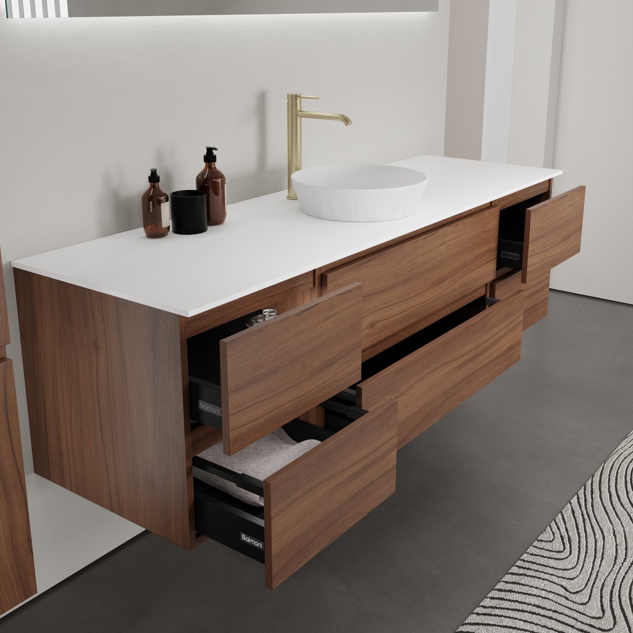 Balmani Lucida zwevend badkamermeubel 180 x 55 cm amerikaanse notelaar met Stretto enkel of dubbel tablet in solid surface mat wit