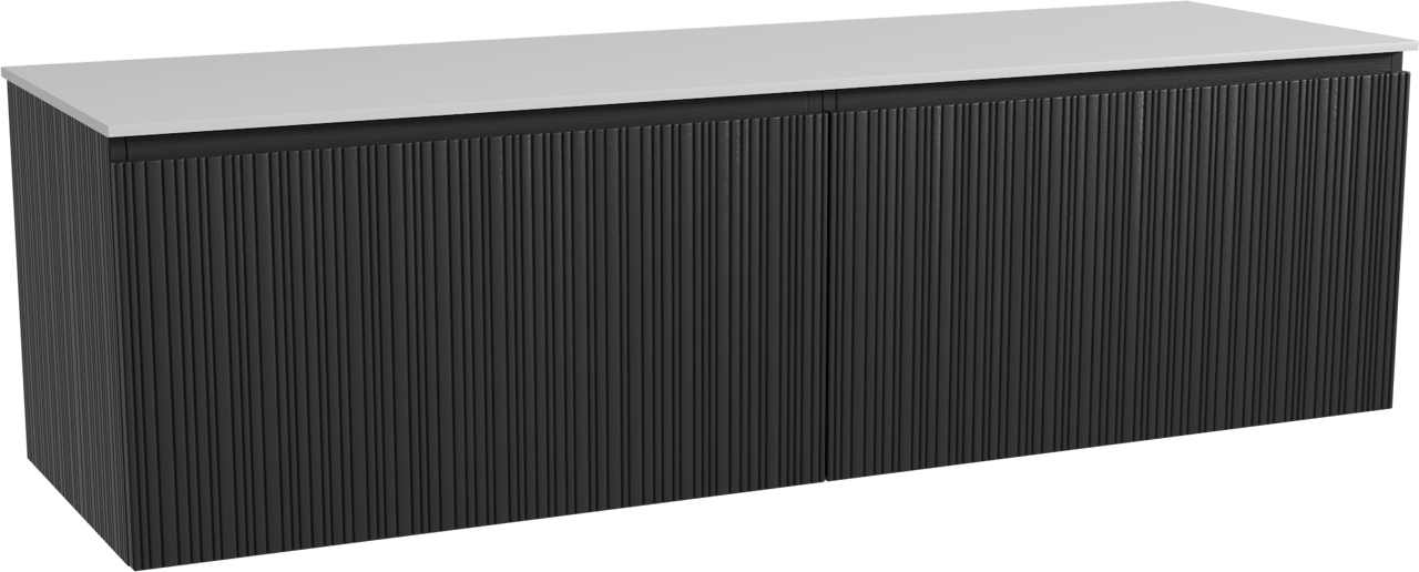 Storke Ribs zwevend badmeubel 170 x 52 cm zwart eiken met Tavola enkel of dubbel wastafelblad in solid surface mat wit, Verticale asymmetrische rechte ribbel