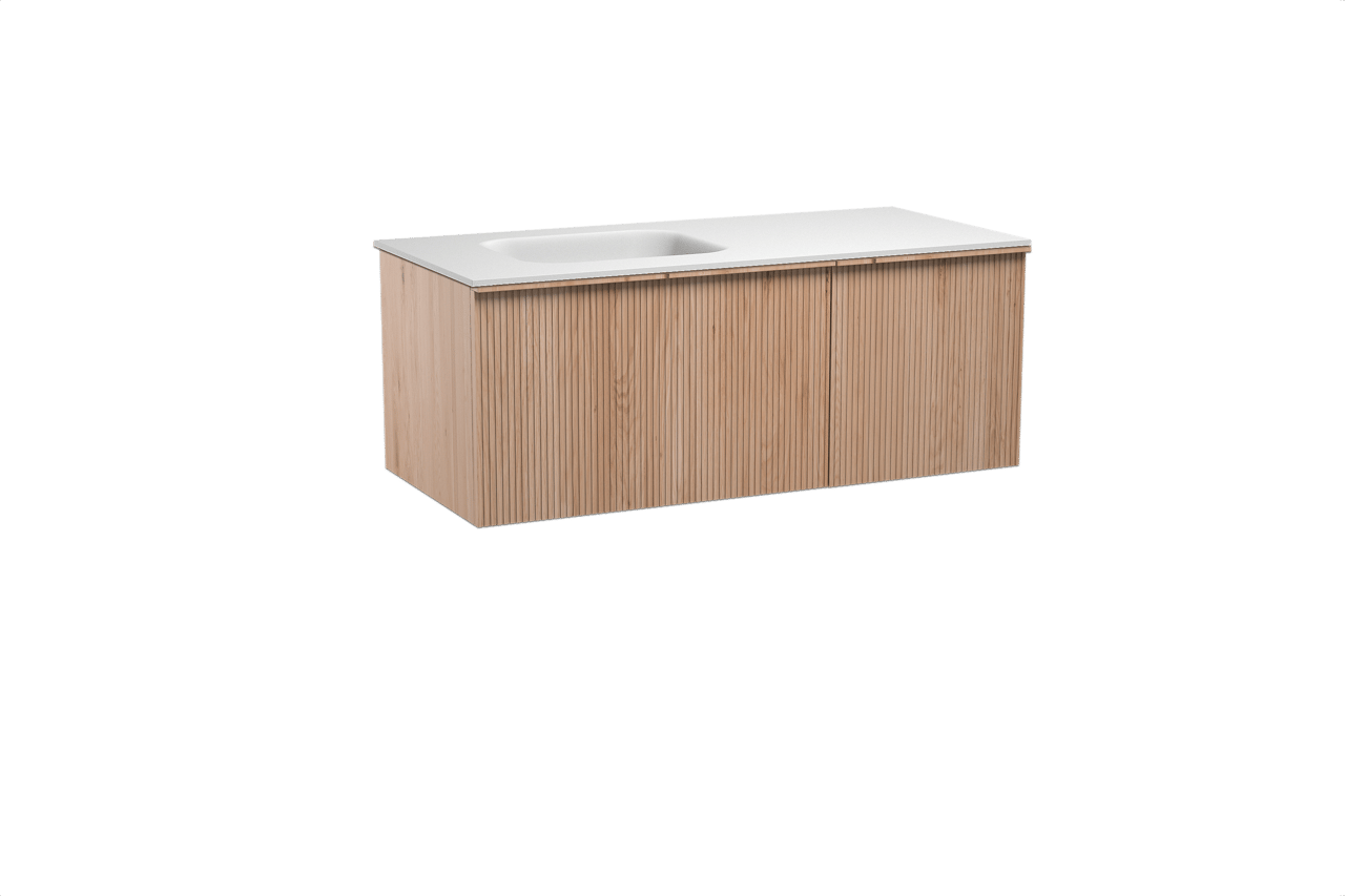 Balmani Forma hängendes Möbelstück Set: 120 x 55 cm, Naturbelassene Eiche, mit Tablo Arcato Waschtisch links, Solid Surface, Weiß matt, Vertikale symmetrische gerade Rippe