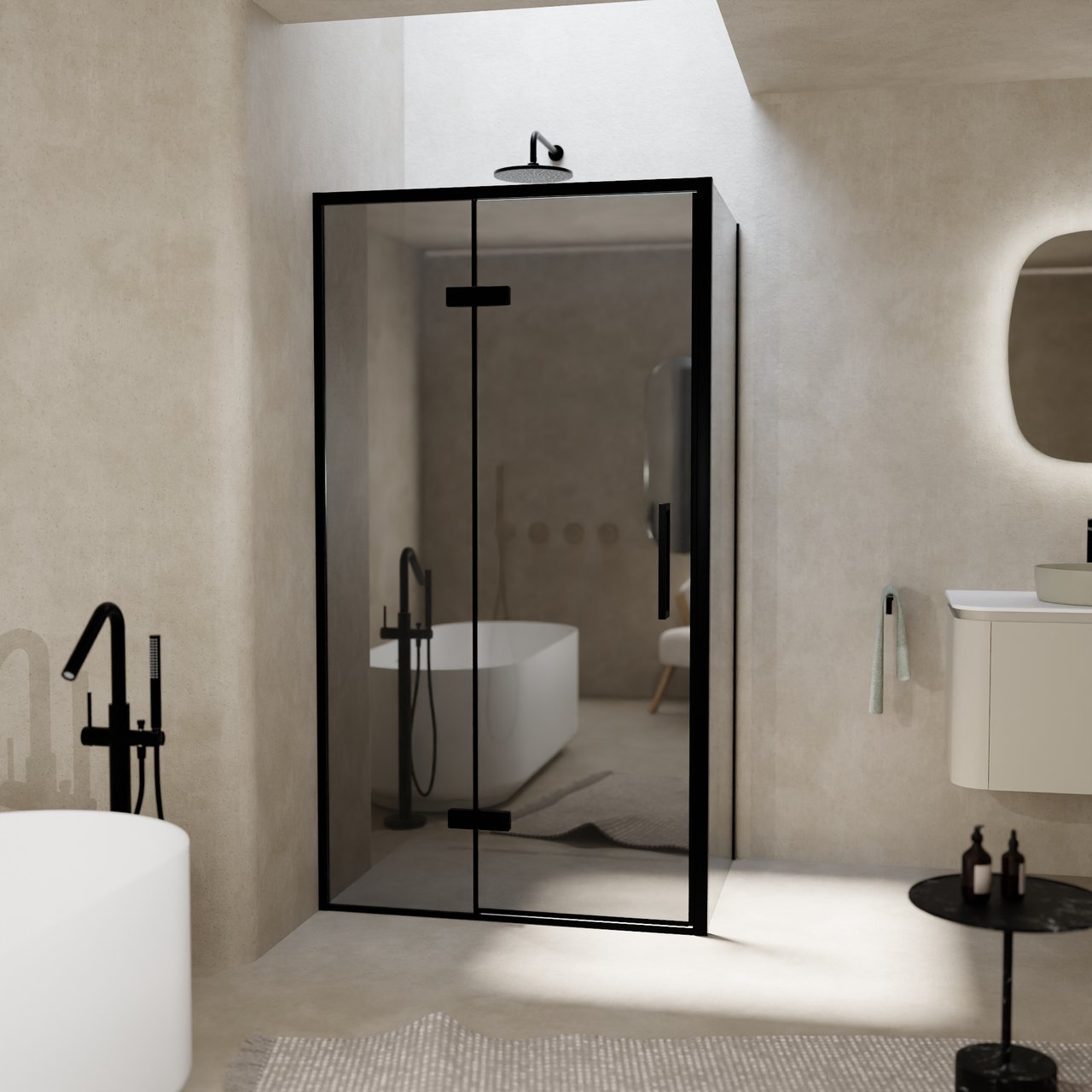 Balmani Senses Design douche en coin avec porte pivotante à gauche et paroi latérale fixe, 100 x 100 cm, Miroir Reflex, Profil noir, coating inclus, coating inclus