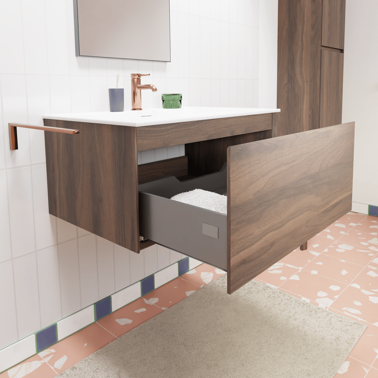 Storke Edge zwevend badkamermeubel 75 x 52 cm notelaar met Mata enkele wastafel in solid surface mat wit