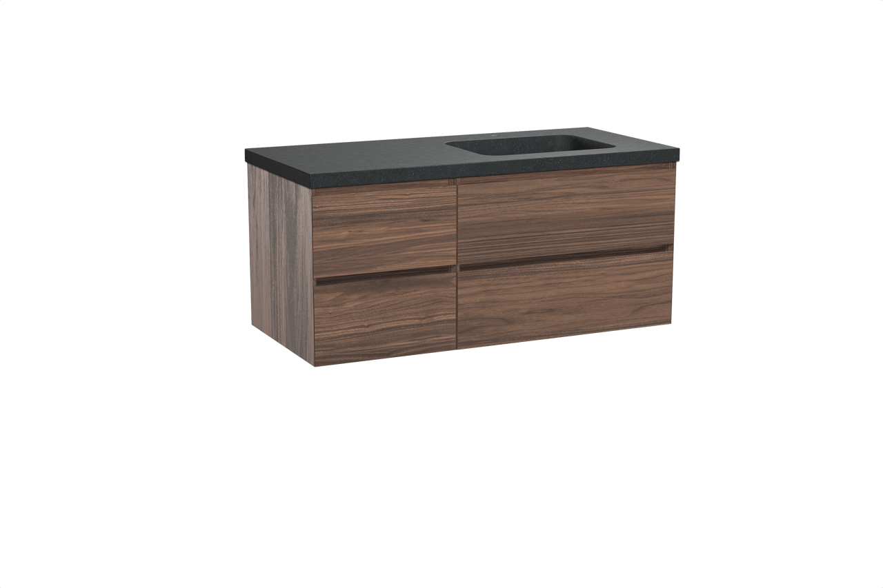 Balmani Mitra hängendes Möbelstück Set: 120 x 55 cm, Nussbaum, mit Napoli Waschtisch rechts, Schwarzes Granit