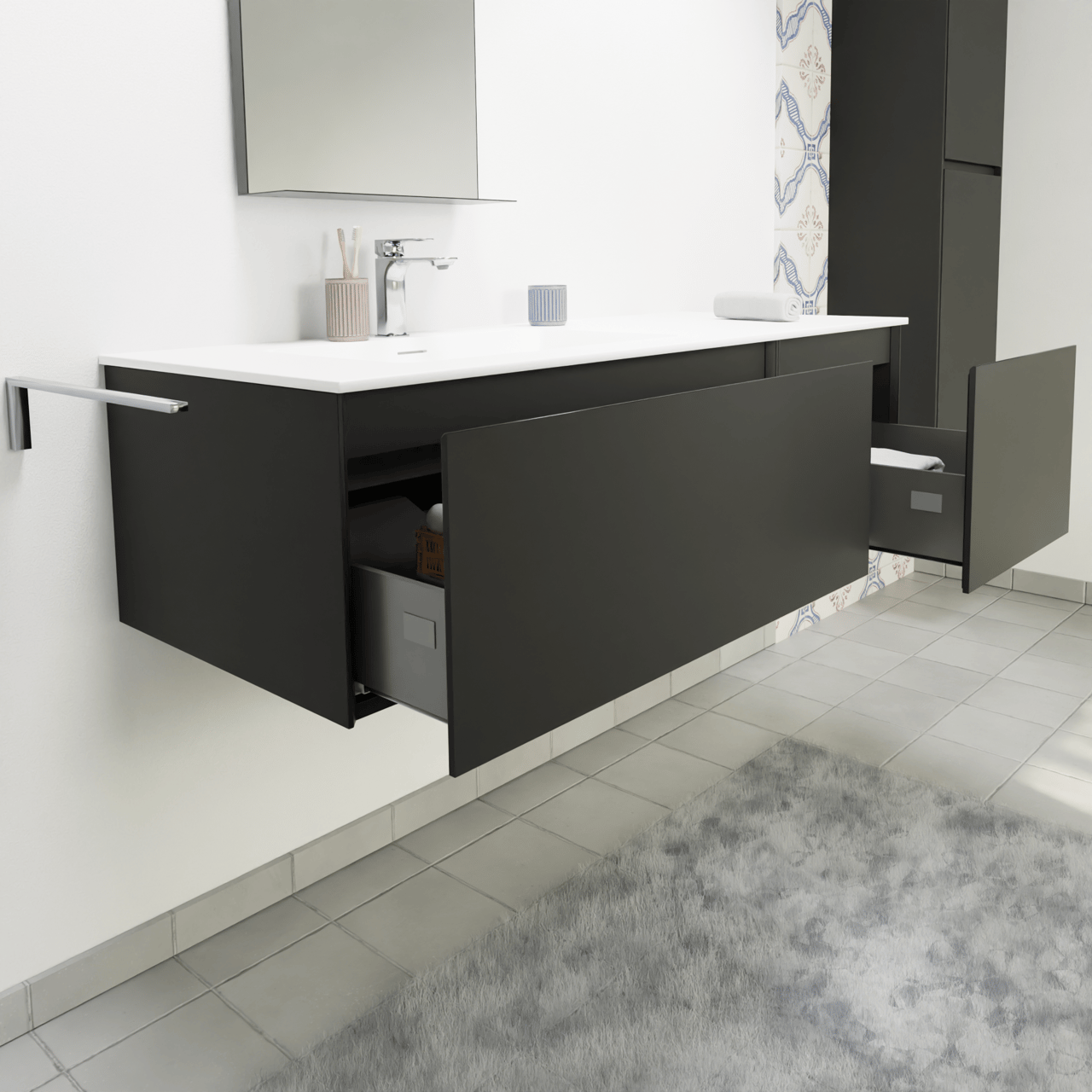 Storke Edge hängendes Möbelstück Set: 130 x 52 cm, Schwarz matt, mit Mata Waschtisch links, Solid Surface Weiß matt