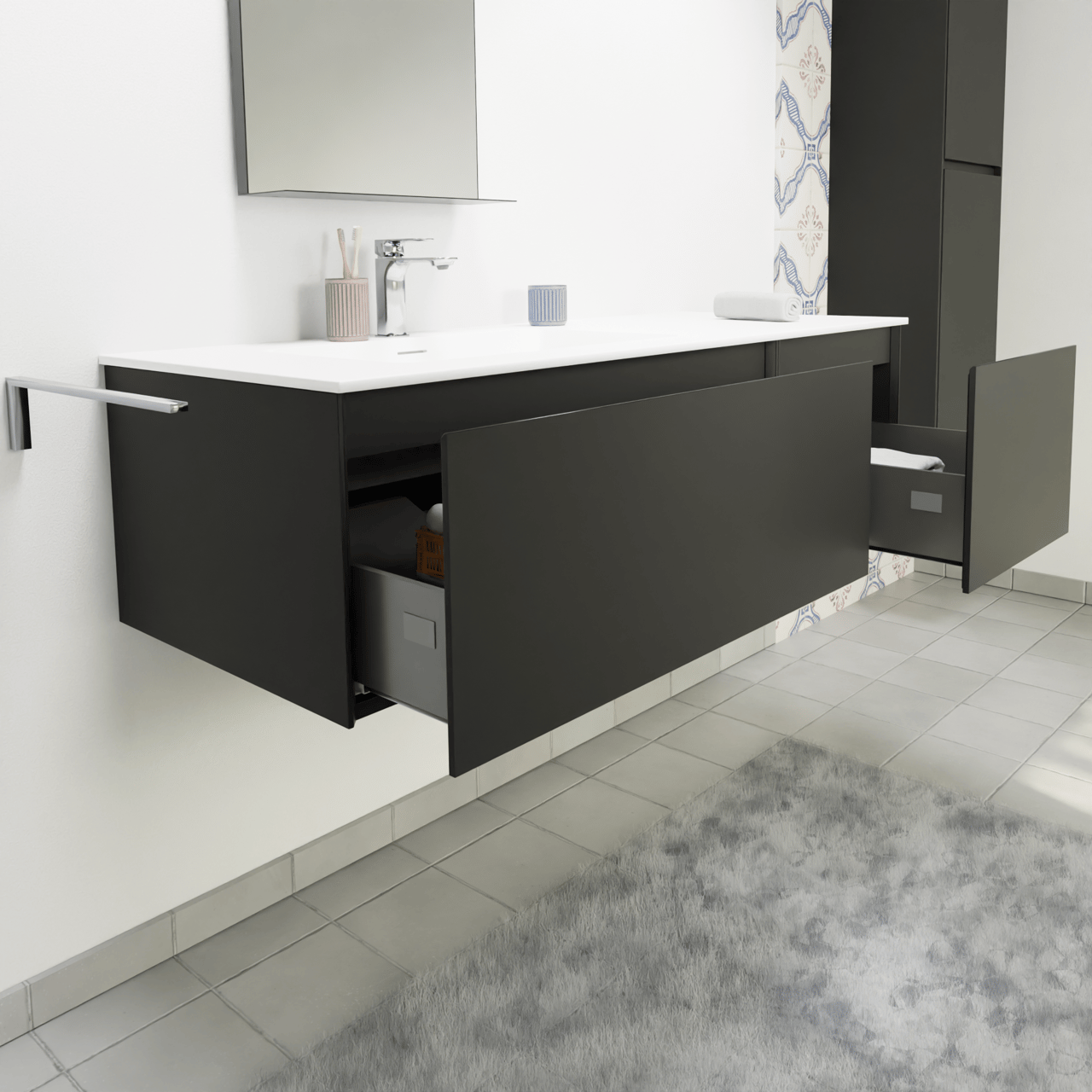 Storke Edge zwevend badmeubel 130 x 52 cm mat zwart met Mata asymmetrisch linkse wastafel in solid surface mat wit