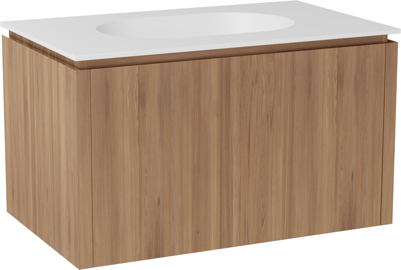 Balmani Eclips hängendes Möbelstück Set: 90 x 55 cm, Teak, mit Tablo Oval Einzelwaschtisch Solid Surface Weiβ matt