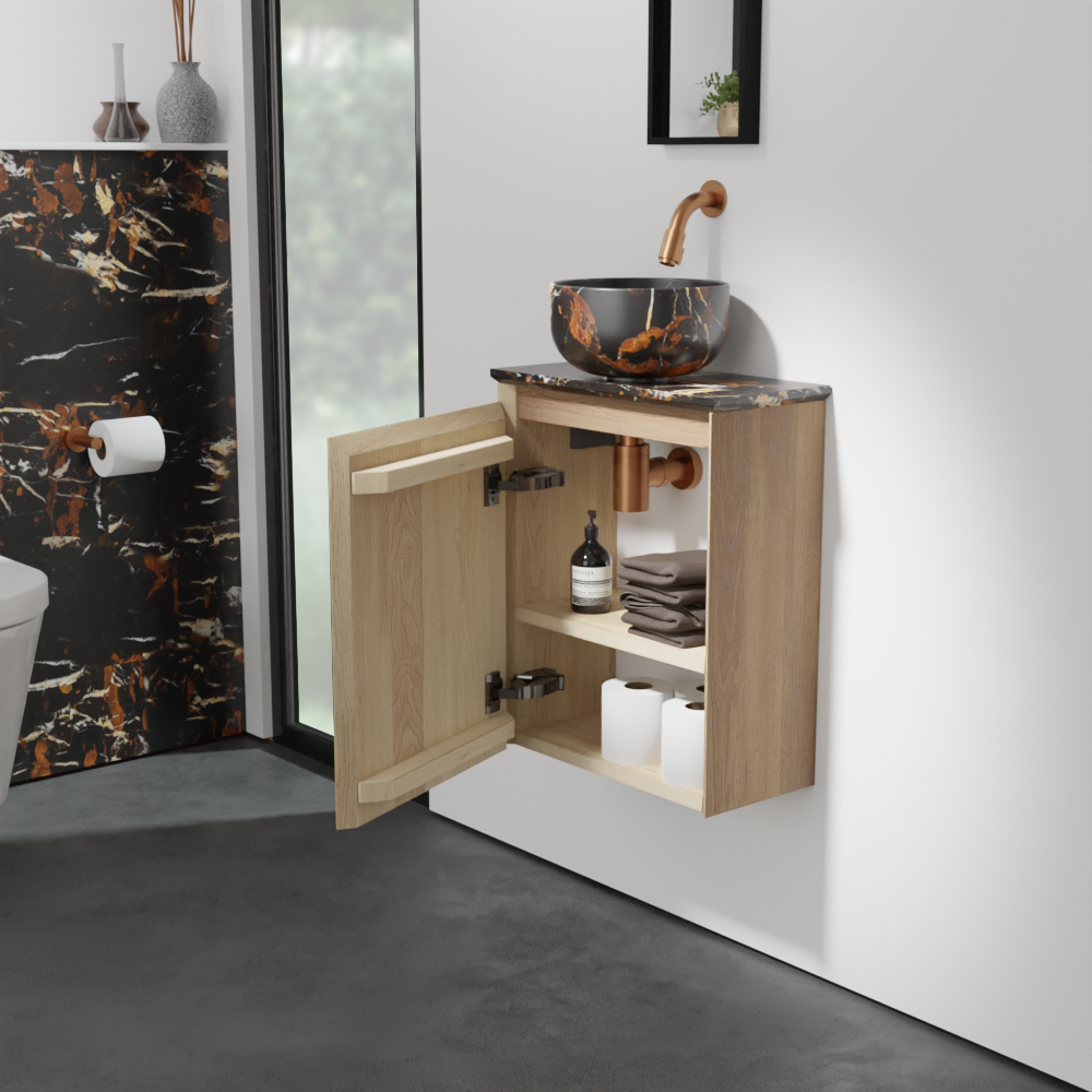 Balmani Mitra meuble wc suspendu 42 x 21 cm chêne naturel avec Facetta tablette et Bowl vaque à poser en marbre Portoro Gold