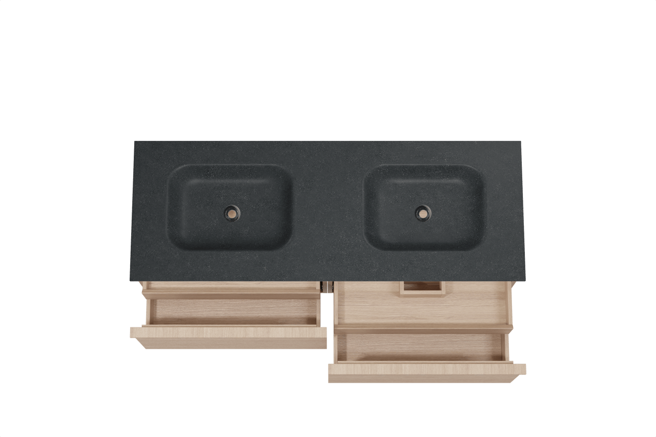 Balmani Forma meuble salle de bains suspendu 150 x 55 cm chêne naturel avec Tablo Arcato double vasque en granit noir, Nervure droite symétrique horizontale