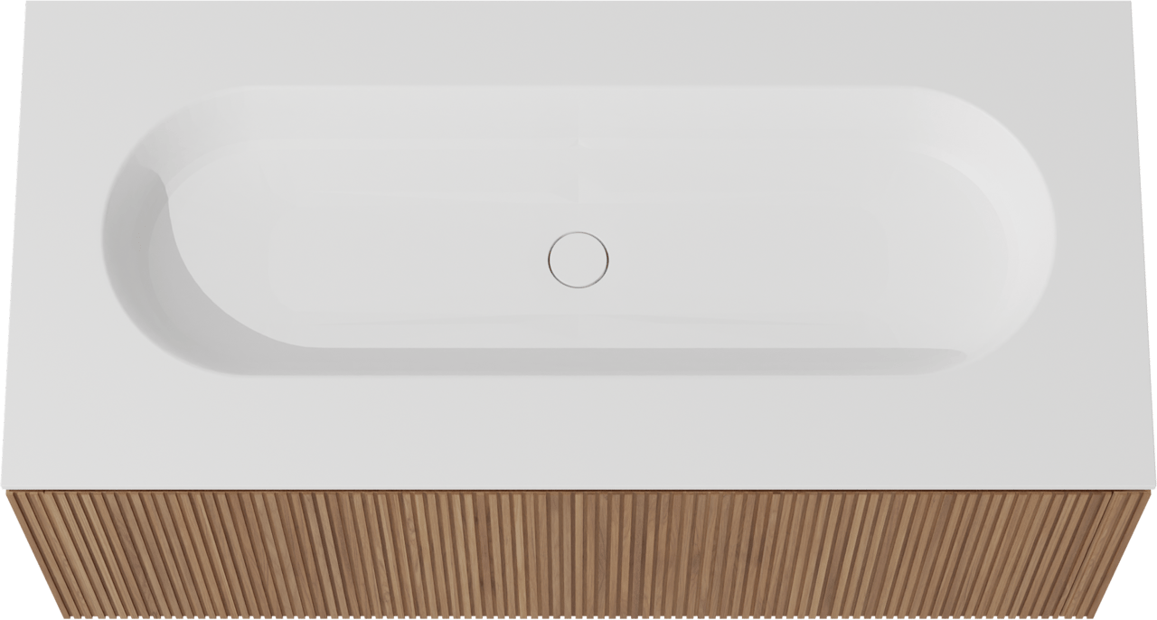 Balmani Eclips meuble salle de bains suspendu 120 x 55 cm Teck avec Tablo Oval plan simple pour 2 trous de robinet en Solid Surface blanc mat, Nervure droite symétrique verticale