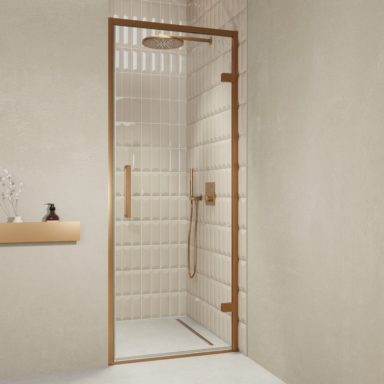 Balmani Senses Design porte pivotante à droite 90 cm x 210 cm verre transparent, Profil Brushed Rosegold, coating inclus