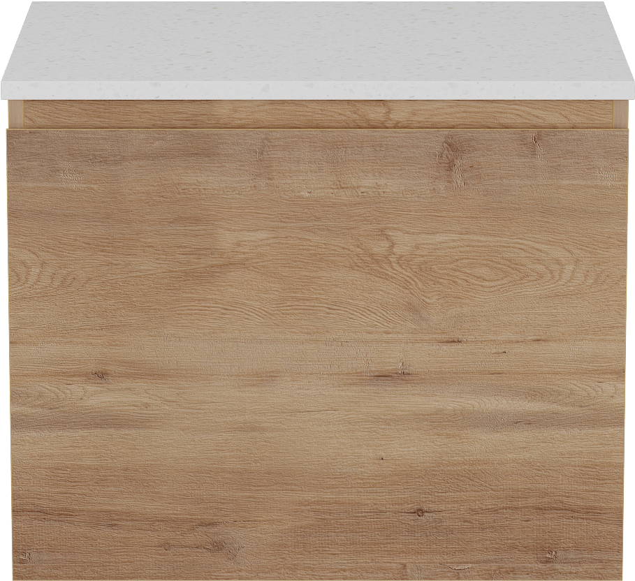 Linie Lado hängendes Möbelstück Set: 60 x 46 cm, Naturbelassene Eiche, mit Lado Einzel Waschtischplatte, Melamin in Terrazzo Weiß