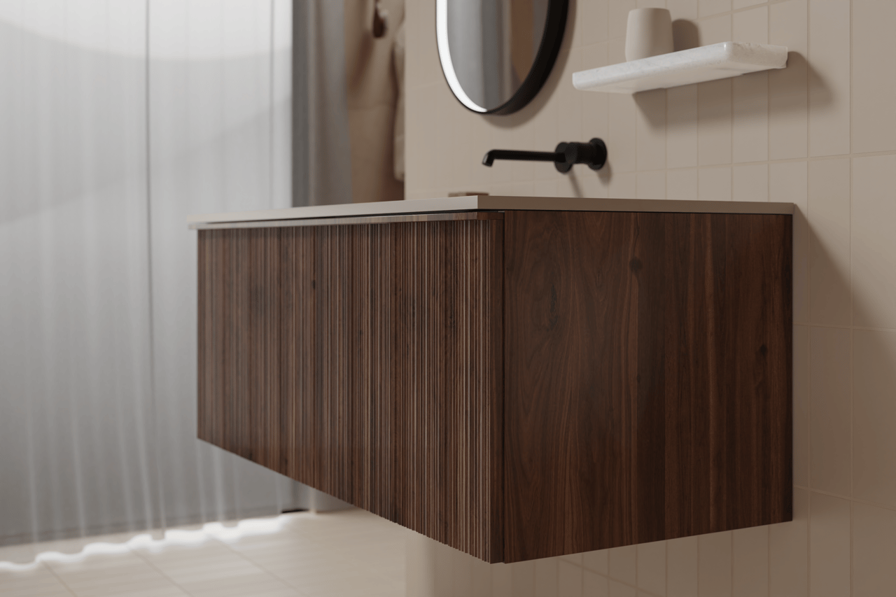 Balmani Forma meuble sous-lavabo suspendu nervure asymétrique 67,5 x 55 cm noyer Américain 2 tiroirs