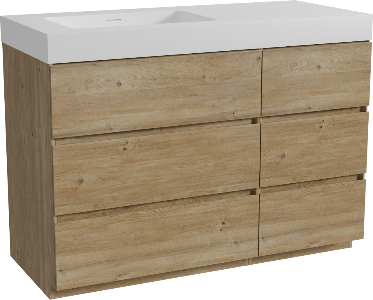 Storke Edge staand badmeubel 120 x 52 cm ruw eiken met Mata High asymmetrisch linkse wastafel in solid surface mat wit