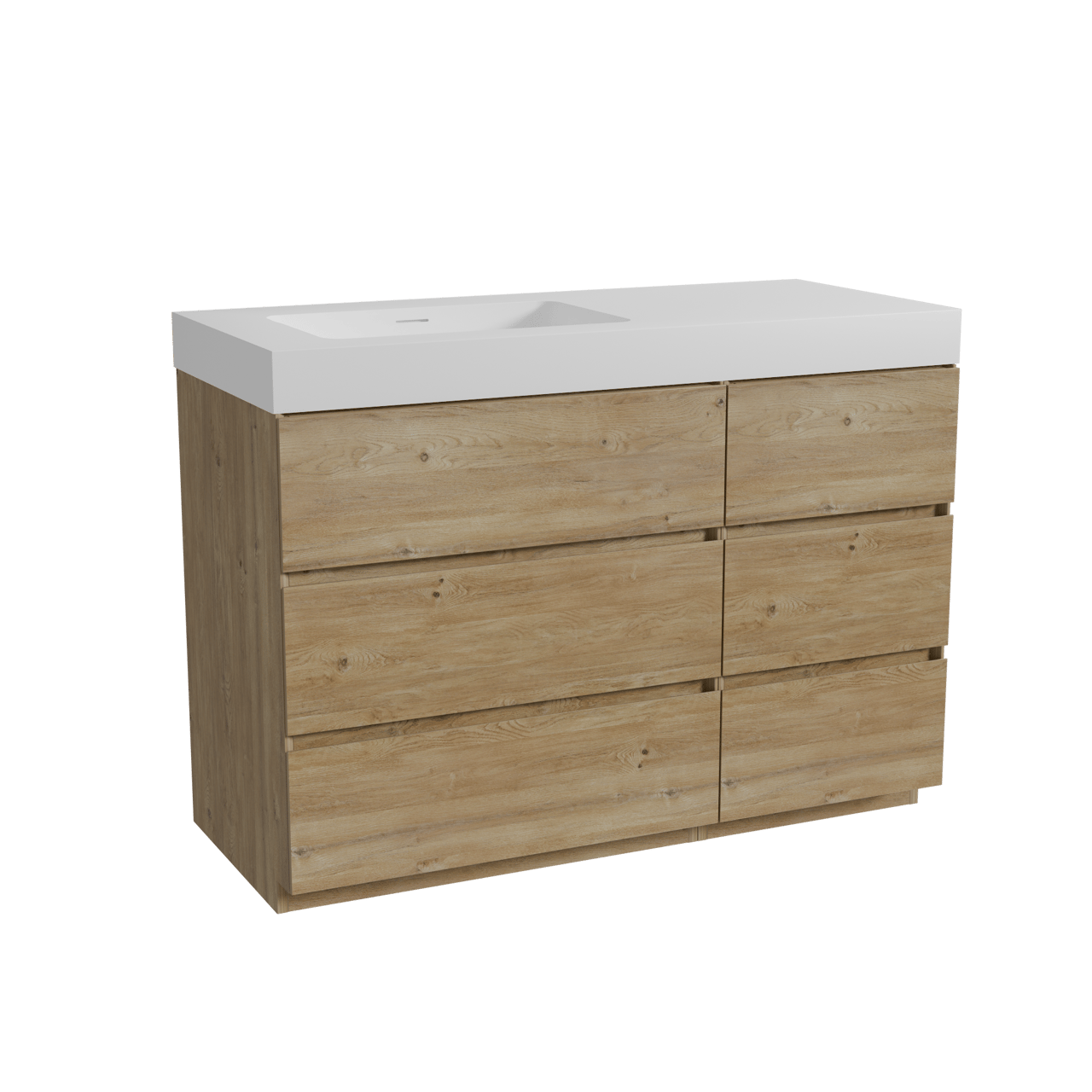 Storke Edge freistehendes Möbelstück Set: 120 x 52 cm, Rohe Eiche, mit Mata High Waschtisch links, Solid Surface Weiß matt