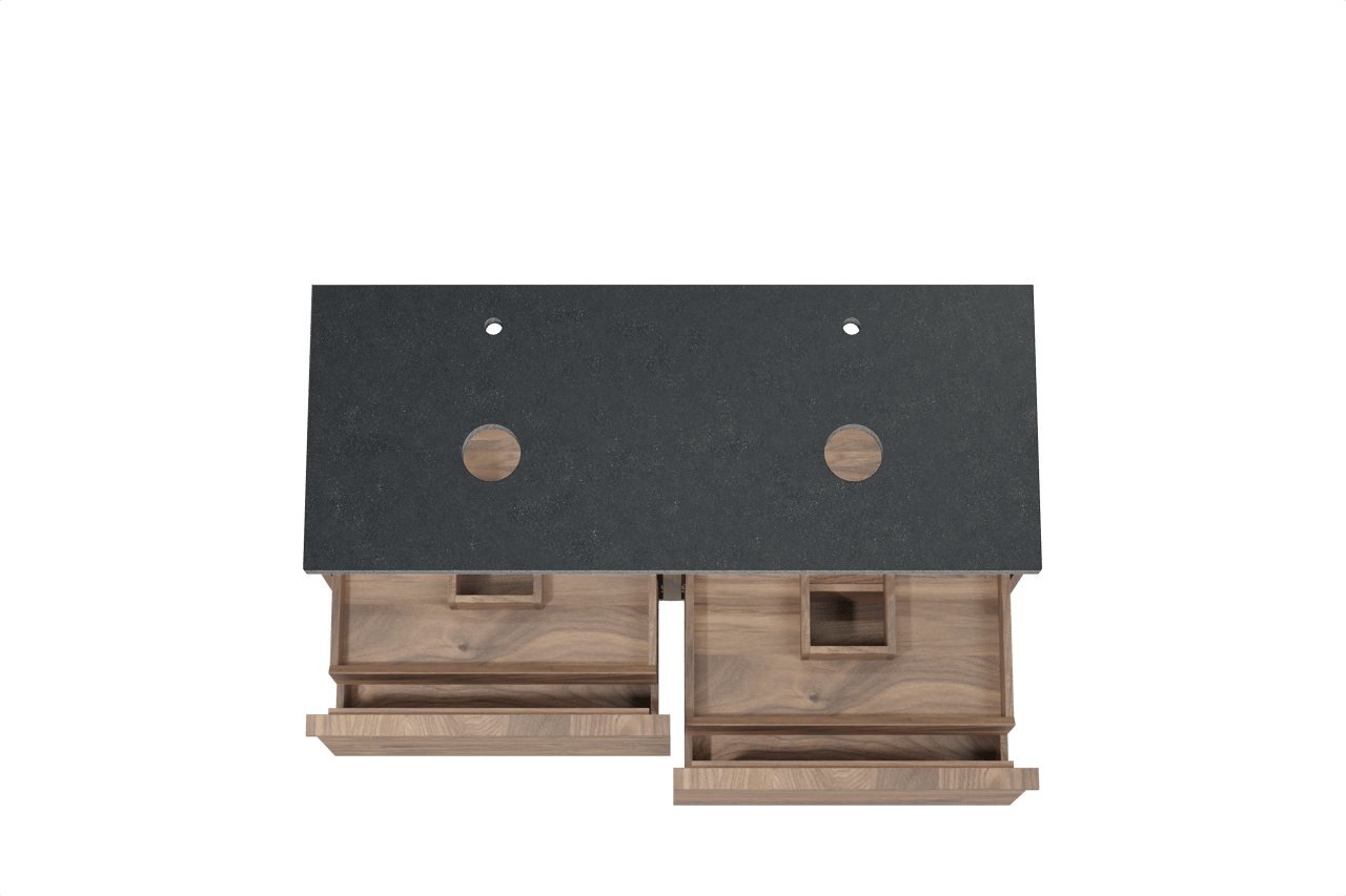 Balmani Forma zwevend badmeubel 135 x 55 cm amerikaans notenhout met Rock dubbel wastafelblad in zwart graniet, Horizontale symmetrische rechte ribbel