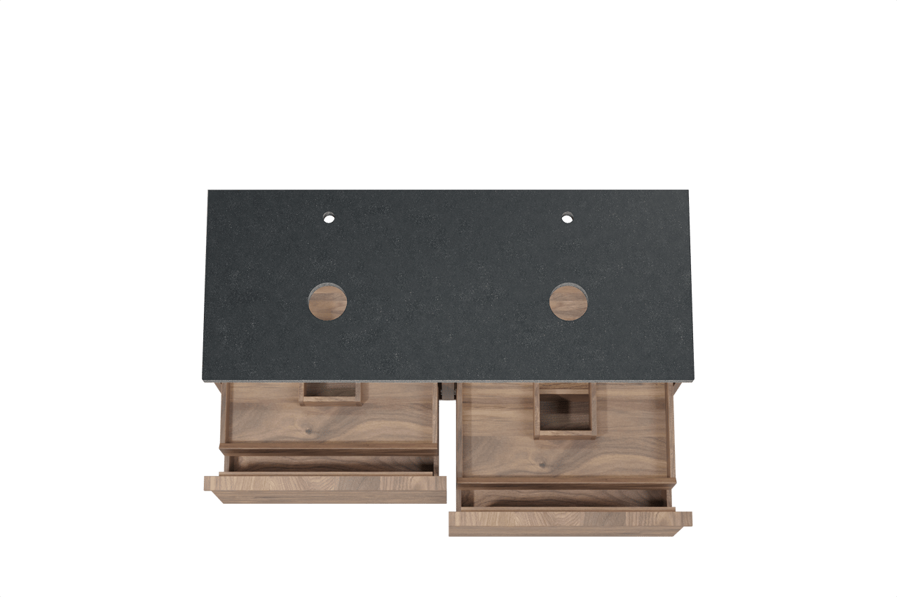 Balmani Forma zwevend badkamermeubel 135 x 55 cm amerikaanse notelaar met Rock dubbel tablet in graniet zwart, Horizontale symmetrische rechte ribbel