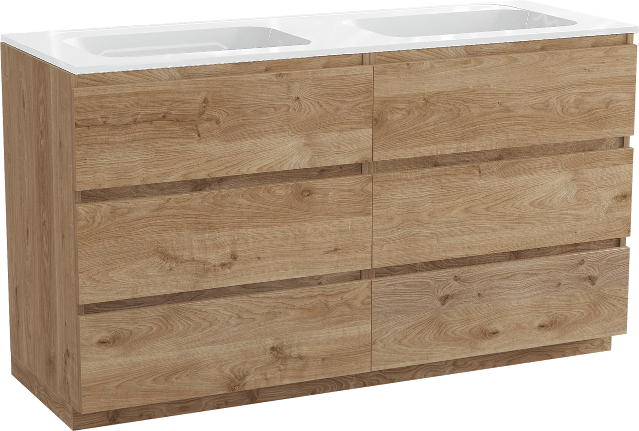 Balmani Lucida freistehendes Möbelstück Set: 150 x 55 cm, Rohe Eiche, mit Tablo Strada Doppelwaschtisch, Marmorkomposit Weiß glänzend