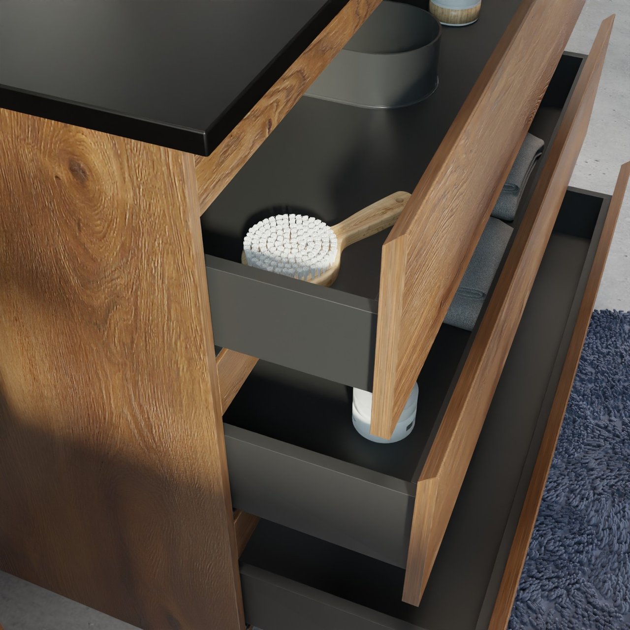 Linie Lado meuble salle de bains à poser 80 x 46 cm chêne brun avec Vano plan simple en marbre composite noir mat