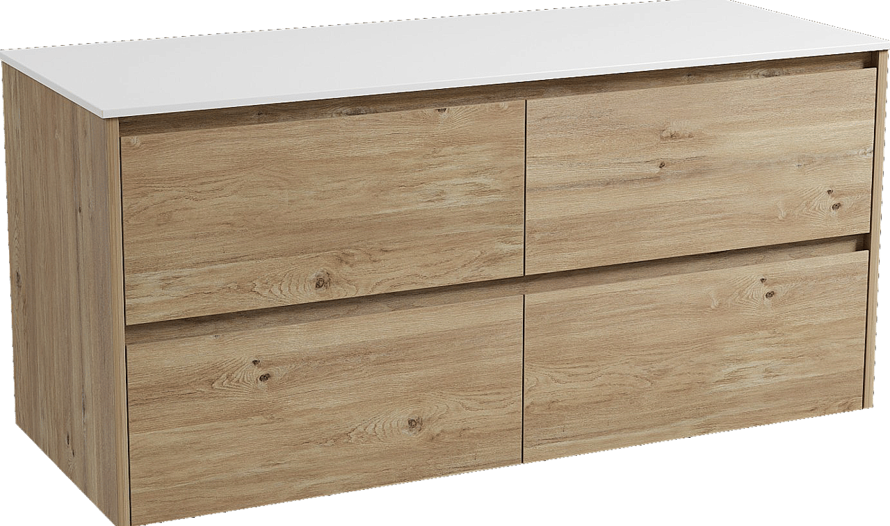 Storke Seda zwevend badmeubel 130 x 52 cm ruw eiken met Tavola enkel of dubbel wastafelblad in solid surface mat wit