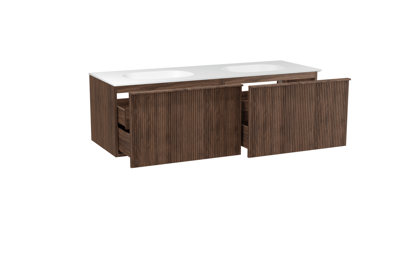 Balmani Forma zwevend badkamermeubel 150 x 55 cm amerikaanse notelaar met Tablo Oval dubbele wastafel in solid surface mat wit, Verticale symmetrische rechte ribbel