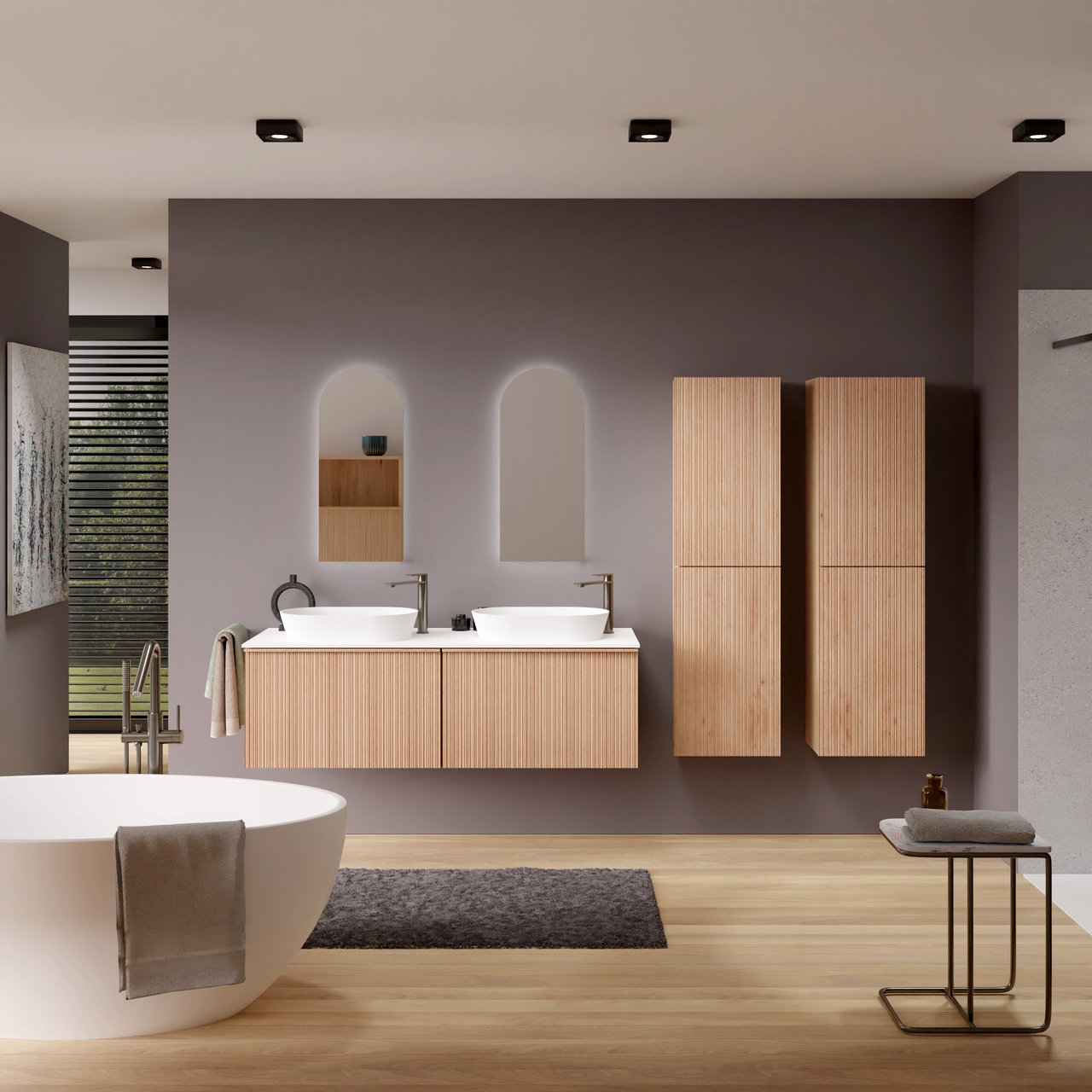 Balmani Forma zwevend badmeubel 150 x 55 cm naturel eiken met Stretto enkel of dubbel wastafelblad in solid surface mat wit, Verticale asymmetrische ronde ribbel