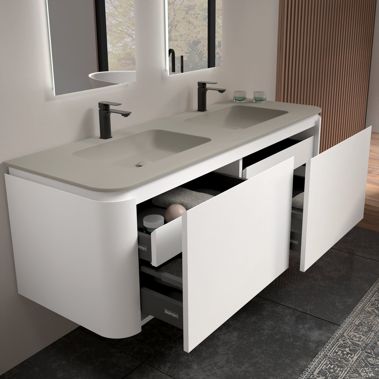 Balmani Moon hängendes Möbelstück Set: 160 x 55 cm, Weiß matt, mit Moon Doppelwaschtisch, Top Solid Seidengrau